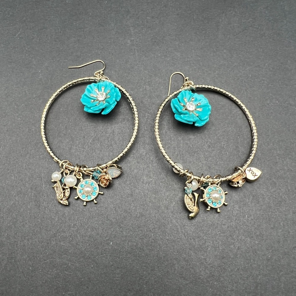 Betsey Johnson‎ Womens Boho Hoop Earrings Blue Flower Charm Dangle Statement